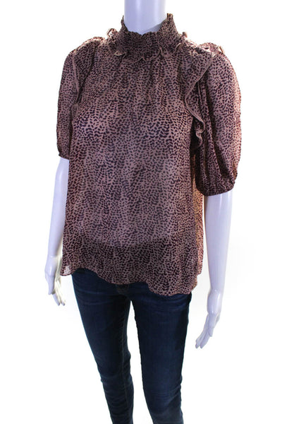 Joie Womens 100% Silk Spotted Ruffled Short Sleeved Blouse Purple Tan Size XS