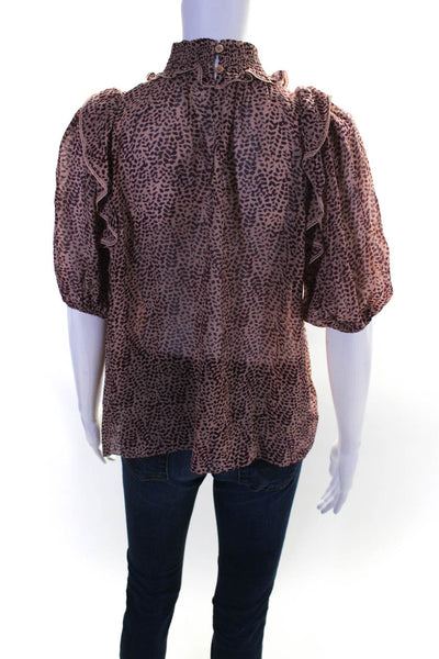 Joie Womens 100% Silk Spotted Ruffled Short Sleeved Blouse Purple Tan Size XS