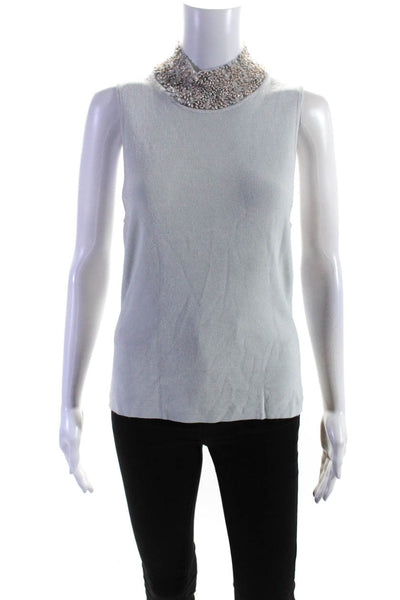 Carmen Marc Valvo Womens Ribbed Embroidered Beaded Tank Top Blouse Blue Size M