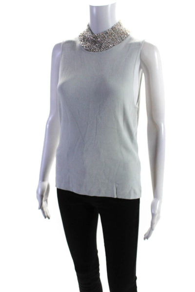 Carmen Marc Valvo Womens Ribbed Embroidered Beaded Tank Top Blouse Blue Size M