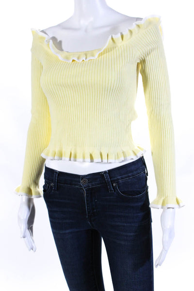 Parker Womens Ribbed Off the Shoulder Long Sleeved Knit Top Yellow White Size S