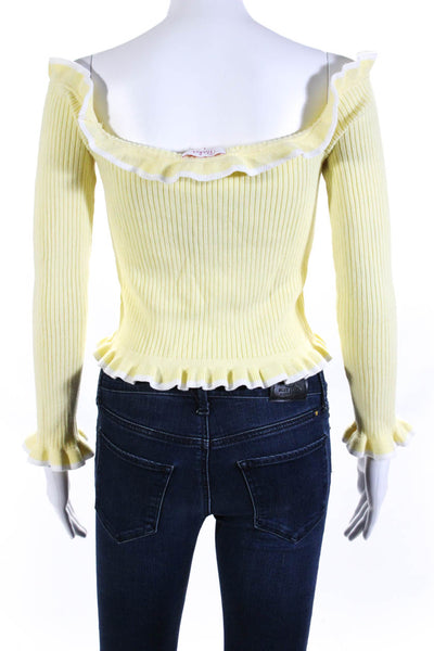 Parker Womens Ribbed Off the Shoulder Long Sleeved Knit Top Yellow White Size S