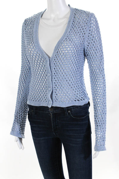 MNG Womens Open Knit Long Sleeved Buttoned Cardigan Blue Silver Tone Size S