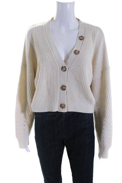 Line And Dot Womens Ribbed Textured Buttoned-Up V-Neck Cardigan Beige Size S
