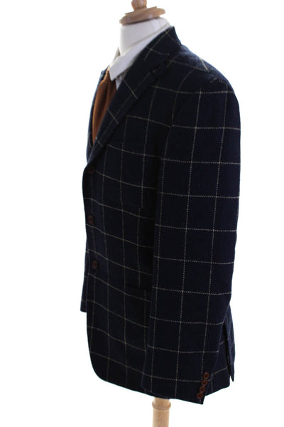 Peter Elliot Mens Wool Plaid Print Three Button Lined Blazer Jacket Blue Size 42