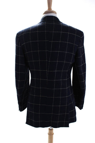 Peter Elliot Mens Wool Plaid Print Three Button Lined Blazer Jacket Blue Size 42