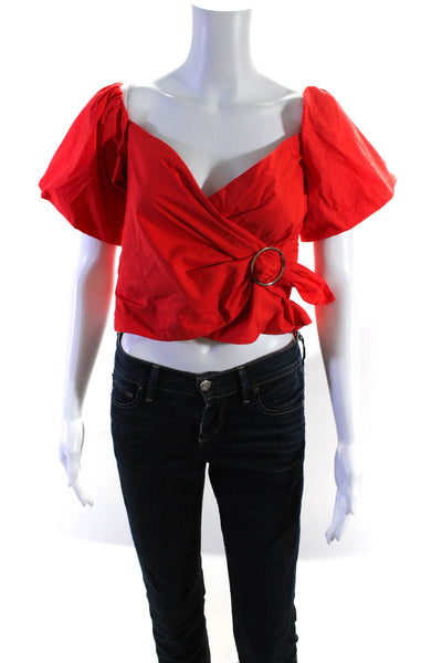 Toccin Womens Wrap Buckled Short Puff Sleeved Cropped Blouse Orange Red Size 4