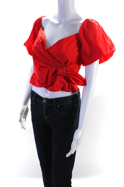 Toccin Womens Wrap Buckled Short Puff Sleeved Cropped Blouse Orange Red Size 4