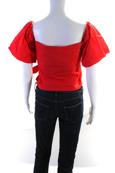 Toccin Womens Wrap Buckled Short Puff Sleeved Cropped Blouse Orange Red Size 4