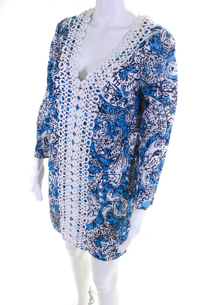 Lily Pulitzer Women's Cotton Long Sleeve Abstract Print Shift Dress Blue Size M