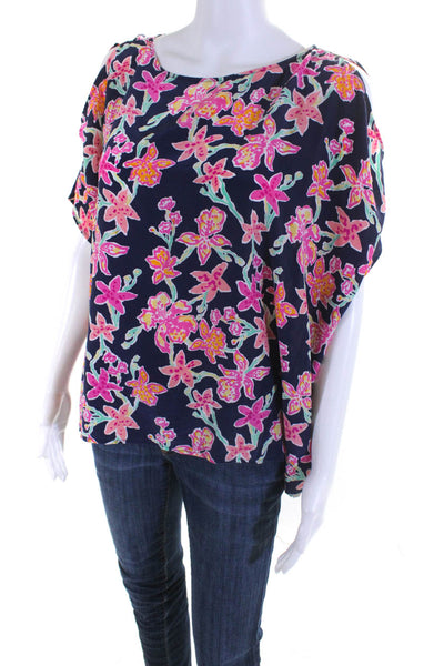 Lily Pulitzer Women's Silk Floral Print Shoulder Cutout Blouse Navy Blue Size M