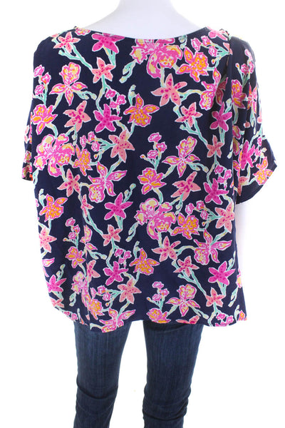 Lily Pulitzer Women's Silk Floral Print Shoulder Cutout Blouse Navy Blue Size M