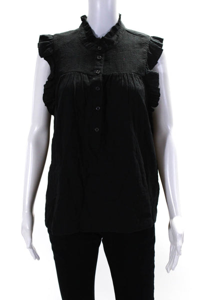 J Crew Women's Cotton Button Up Sleeveless Ruffle Blouse Black Size M