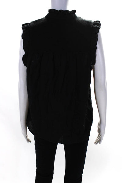 J Crew Women's Cotton Button Up Sleeveless Ruffle Blouse Black Size M