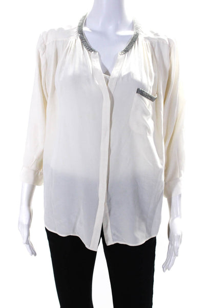 Joie Women's Embellished Long Sleeve Button Up Silk Blouse Ivory Size L