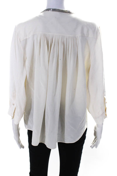 Joie Women's Embellished Long Sleeve Button Up Silk Blouse Ivory Size L