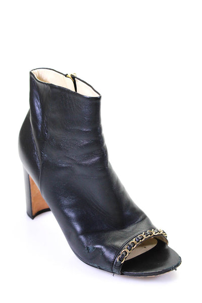 Chanel Womens Side Zip Block Heel Chain Peep Toe Booties Black Leather Size 39