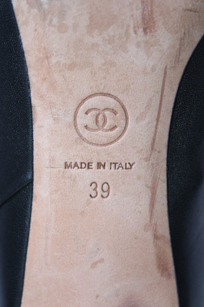 Chanel Womens Side Zip Block Heel Chain Peep Toe Booties Black Leather Size 39