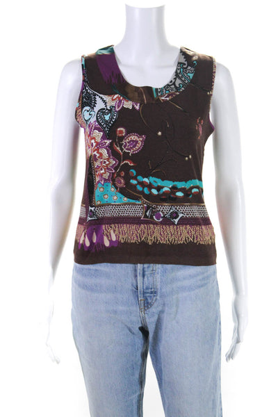 Blumarine Womens Abstract Print Scoop Neck Sleeveless Blouse Top Brown Size S