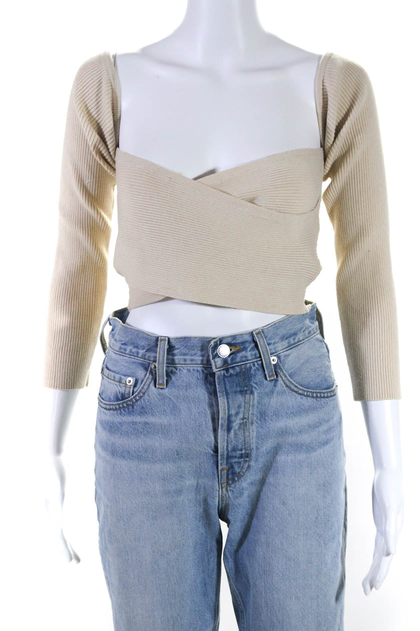 AMUR Womens Long Sleeve V Neck Ribbed Cropped Shirt Brown Cotton Size -  Shop Linda's Stuff