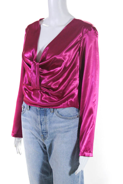 Staud Womens Long Sleeve V Neck Cropped Satin Shirt Pink Size Small