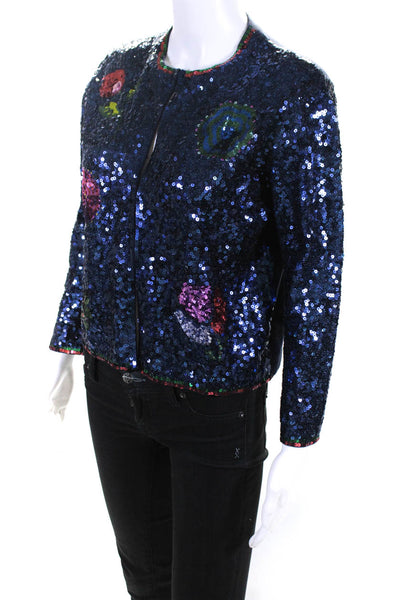 Cynthia Rowley Womens Cotton Sequin Floral Print Cardigan Sweater Blue Size M