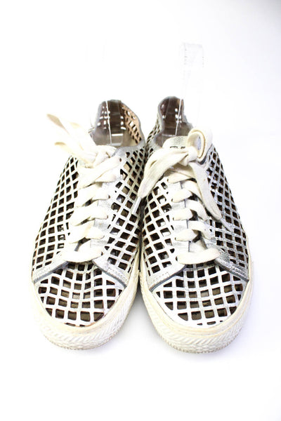 Loeffler Randall Womens Perforated Leather Low Top Sneakers Silver Size 8.5