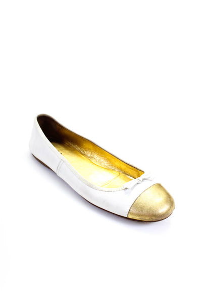 Prada Womens Metallic Leather Cap Toe Ballet Flats White Gold Size 39.5 9.5