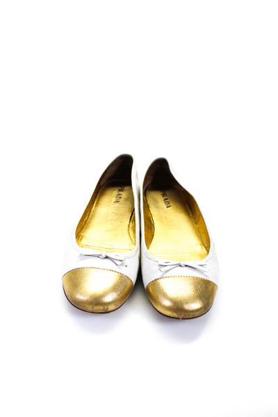 Prada Womens Metallic Leather Cap Toe Ballet Flats White Gold Size 39.5 9.5