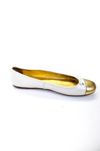 Prada Womens Metallic Leather Cap Toe Ballet Flats White Gold Size 39.5 9.5