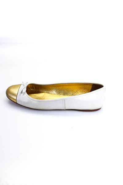 Prada Womens Metallic Leather Cap Toe Ballet Flats White Gold Size 39.5 9.5