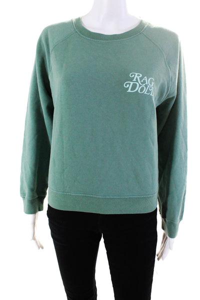 Ragdoll Women's Long Sleeve Cotton Logo Crewneck Sweatshirt Green Size XS