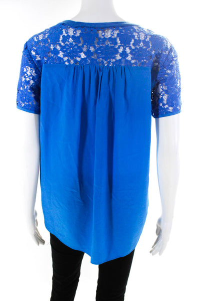 Rebecca Taylor Women's Short Sleeve Lace Silk Blouse Blue Size 2