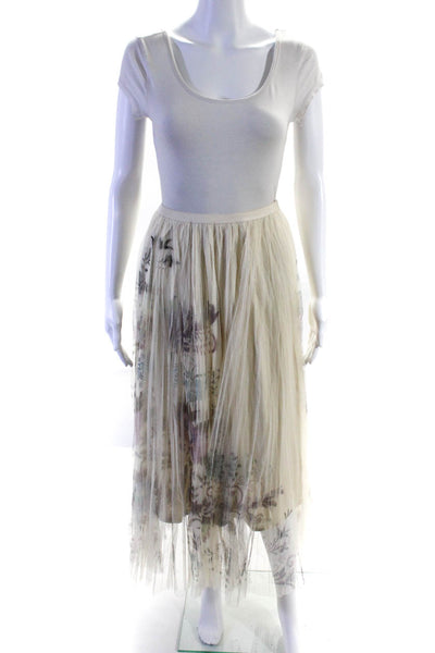 Origami Womens Floral Mesh Elastic Waist Midi Skirt Ivory Size Medium