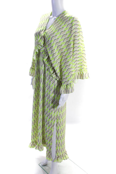 Caos Womens Wave Print Tiered Maxi Wrap Skirt Green Beige White Size Petite