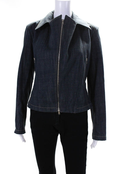 Alaia Womens Denim Top Stitched Collared Zip Up Jean Jacket Blue Size 42
