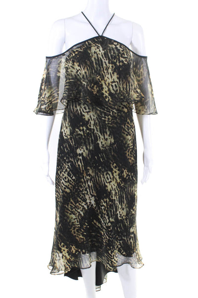 Theia Womens Leopard Print Chiffon Halter Maxi Dress Gown Black White Size 8