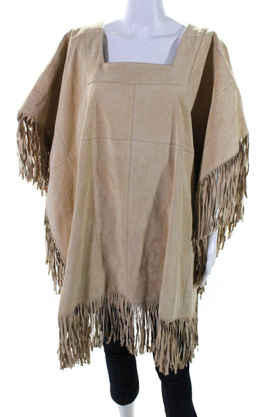 Pamela McCoy Collection Womens Leather Tassel Trim Poncho Beige Size XL