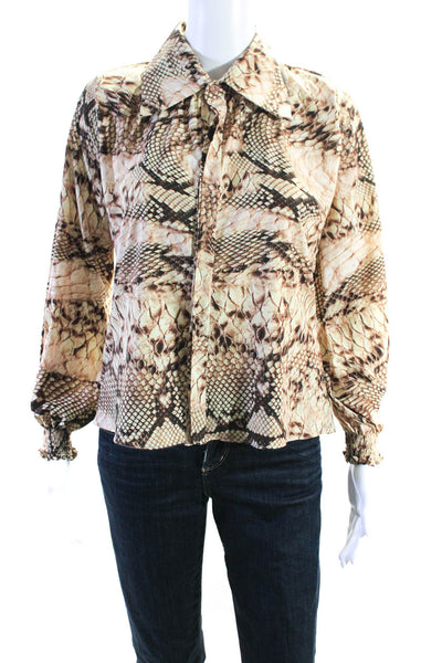 Anne Fernandes Womens Snakeskin Print Button Up Top Blouse Brown Size Large