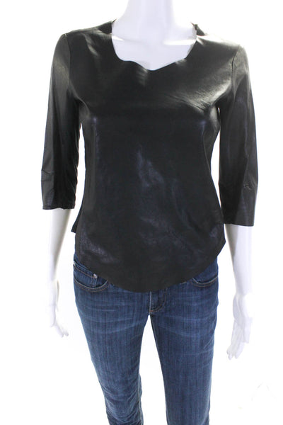 Raquel Allegra Womens 3/4 Sleeve Crew Neck Leather Suede Shirt Black Size 0