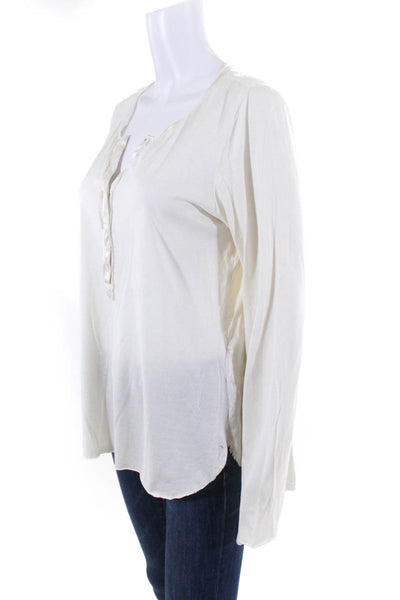 Go Silk Womens Long Sleeve Henley Top Blouse Ivory Silk Cotton Size Medium