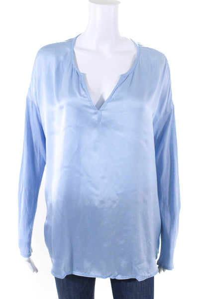 Go Silk Womens Long Sleeve Y Neck Satin Top Blouse Light Blue Silk Size Medium