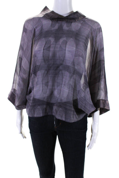 Pollini Womens 3/4 Sleeve Oversized Striped Silk Top Purple Size Medium