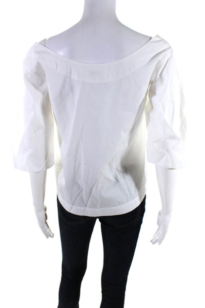 Isa Arfen Womens Button Front Scoop Neck Half Sleeve Shirt White Cotton Size 6