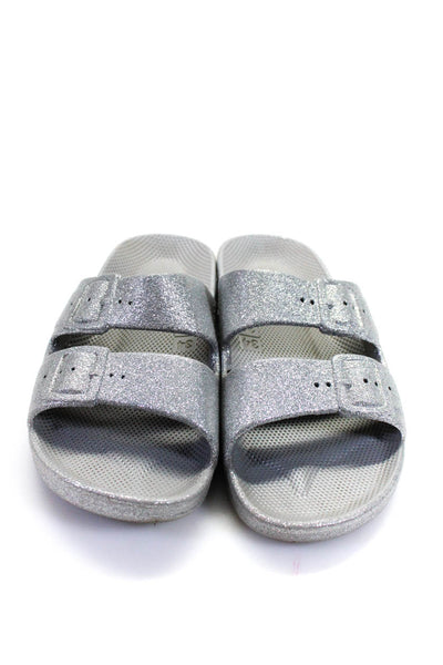 Freedom Moses Womens Double Strap Glitter Slide Sandals Silver Rubber Size 34-35