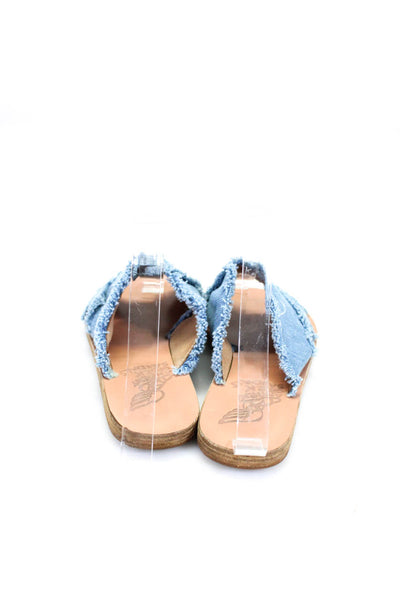 Ancient Greek Sandals Womens Denim Fringe Cross Strap Sandals Blue Size 35