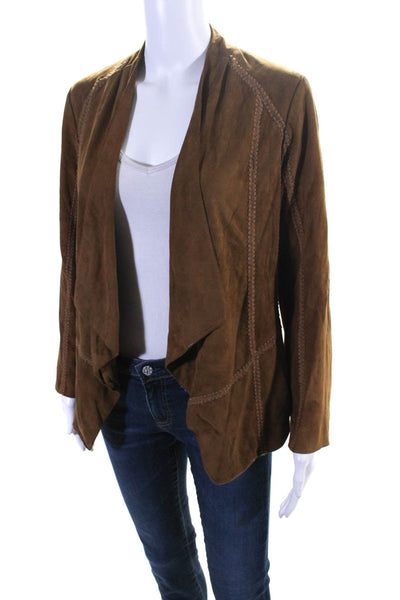 Vince Women's Suede Leather Open Front Stitched Trim Jacket Brown Size M
