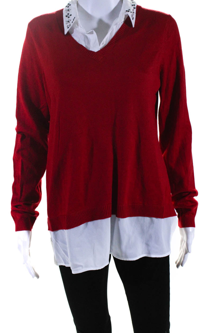 Adrianna Papell Womens Knit Rhinestone Collar Layered Blouse Red