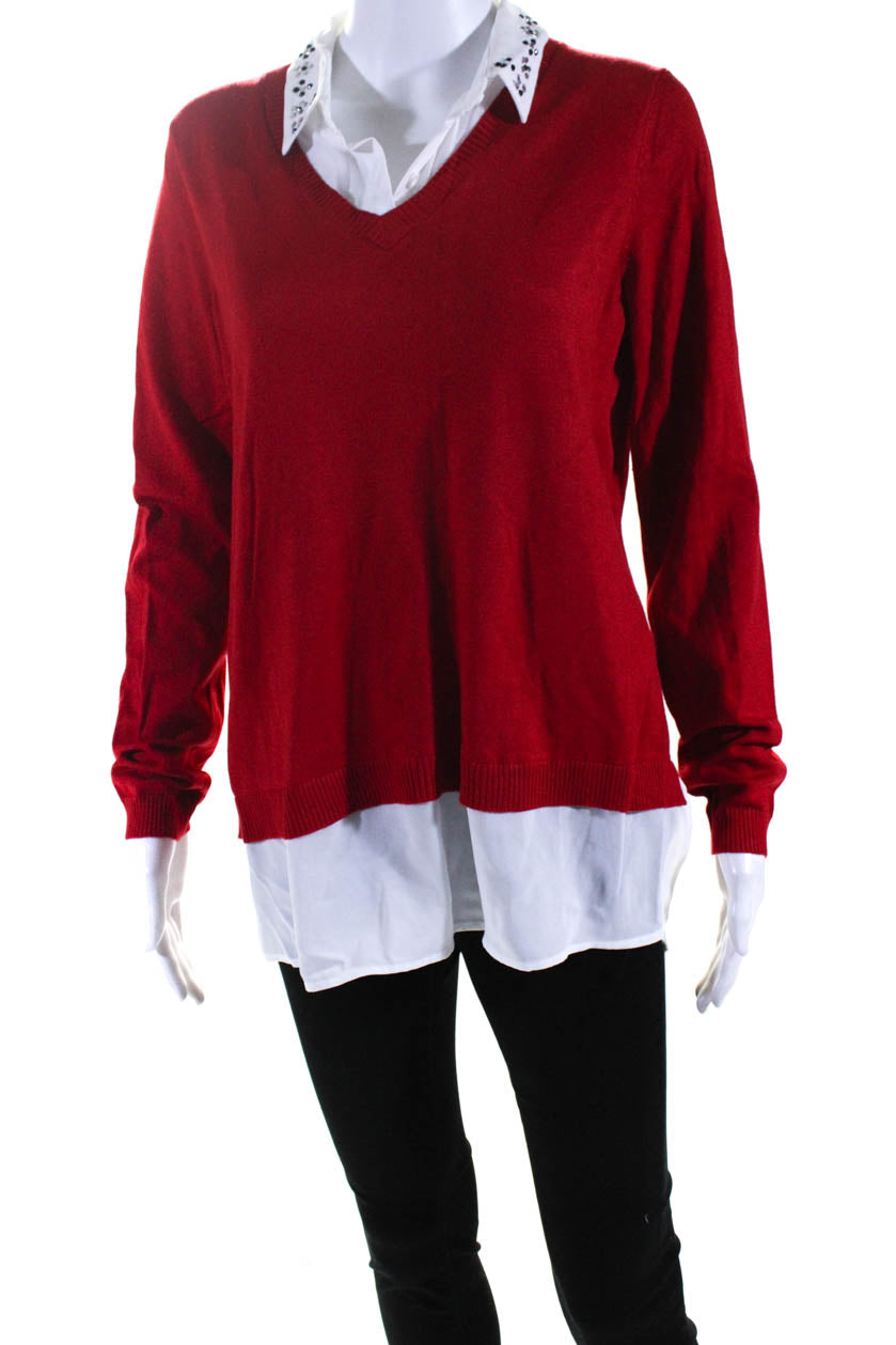 Adrianna Papell Womens Knit Rhinestone Collar Layered Blouse Red