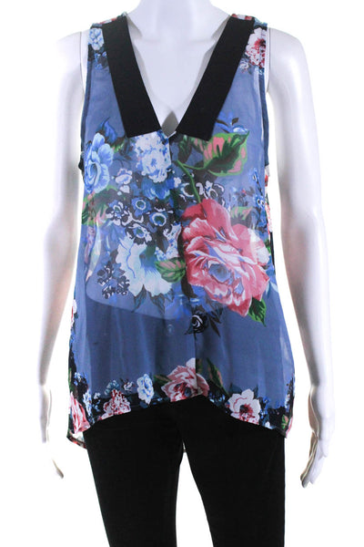 Band of Gypsies Womens Sheer Floral Print V-Neck High-Low Blouse Top Blue Size M